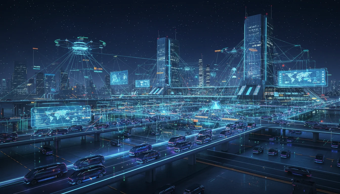 Futuristic logistics hub at night, with autonomous trucks moving efficiently. Glowing data streams connect vehicles and control centers, representing AI optimization and global connectivity.