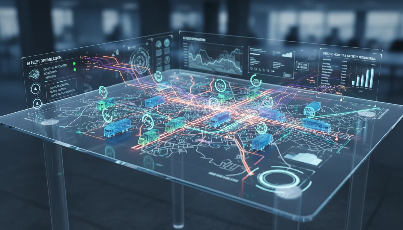 A complex digital twin interface showing a virtual model of a fleet of trucks on a holographic map, with glowing data overlays indicating routes, EV battery levels, and AI agents automating dispatch and scheduling. Futuristic, high-tech aesthetic.