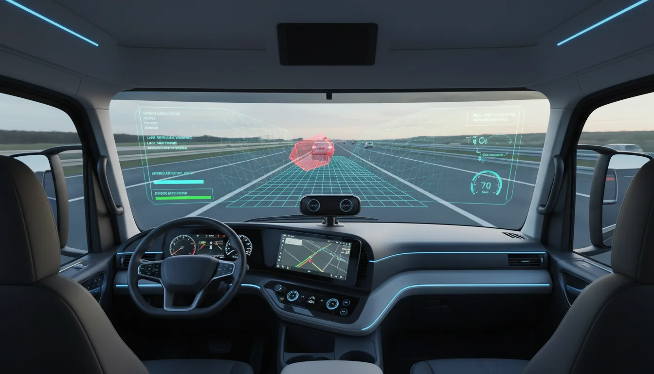 An interior view of a modern truck cab featuring an AI-powered dashcam with dual lenses, showing a holographic overlay of its stereo vision detecting a potential hazard on the road ahead. Data streams and safety alerts are visible, emphasizing advanced driver assistance and real-time coaching.