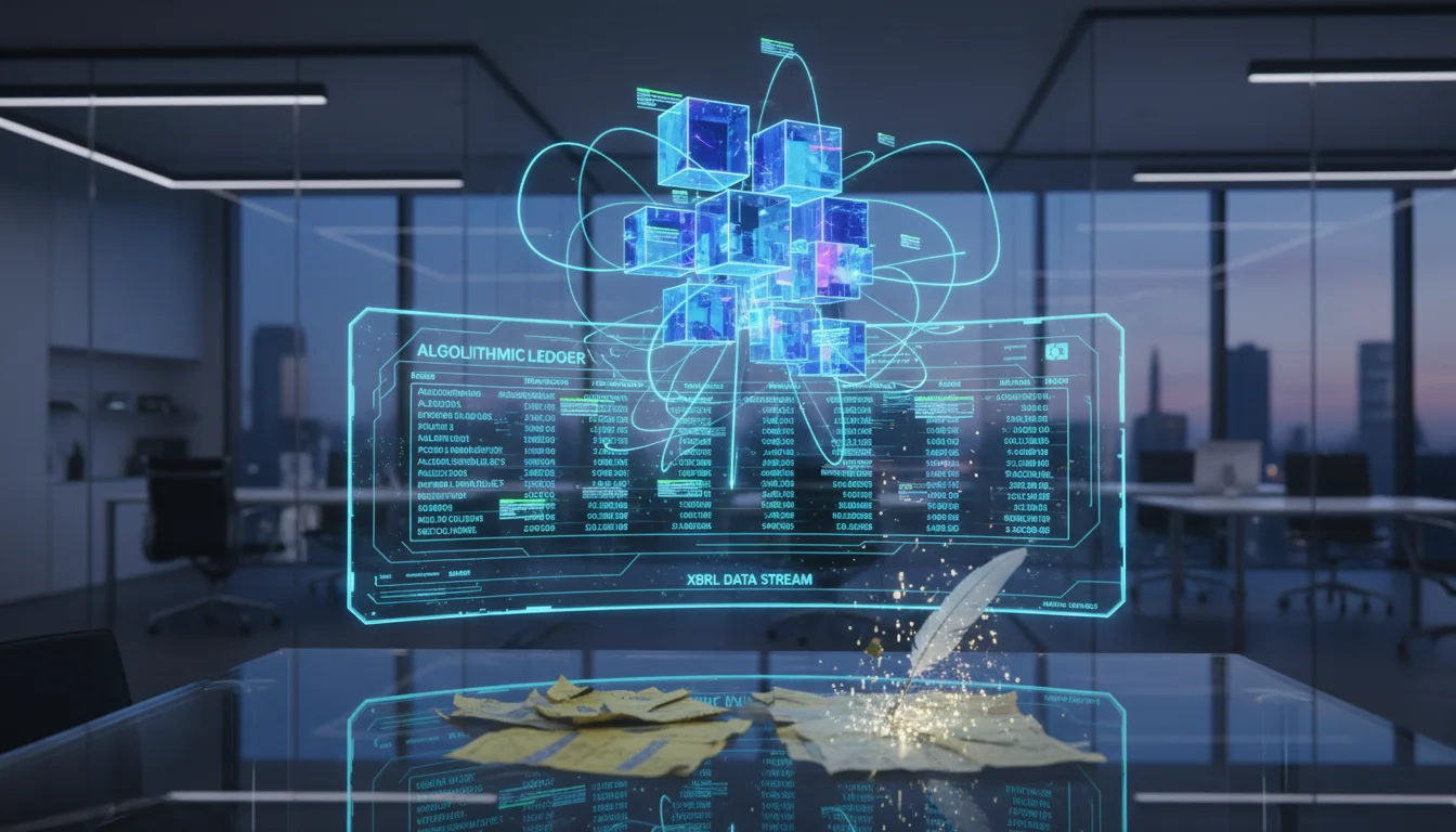A high-tech digital interface showing a complex financial ledger where individual data rows are being highlighted with glowing digital metadata tags. Small 3D cubes representing XBRL data nodes float above the screen, connected by neon blue light filaments, symbolizing the transition from paper reporting to algorithmic machine-readability in a corporate office setting.