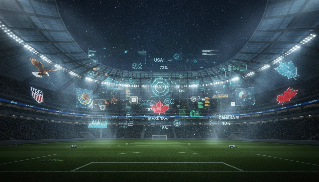 A futuristic football stadium at night with the logos of USA, Mexico, and Canada visible. Glowing holographic data visualizations and probability percentages float over the pitch, symbolizing machine learning analytics and sports forecasting, cinematic lighting, 8k resolution.