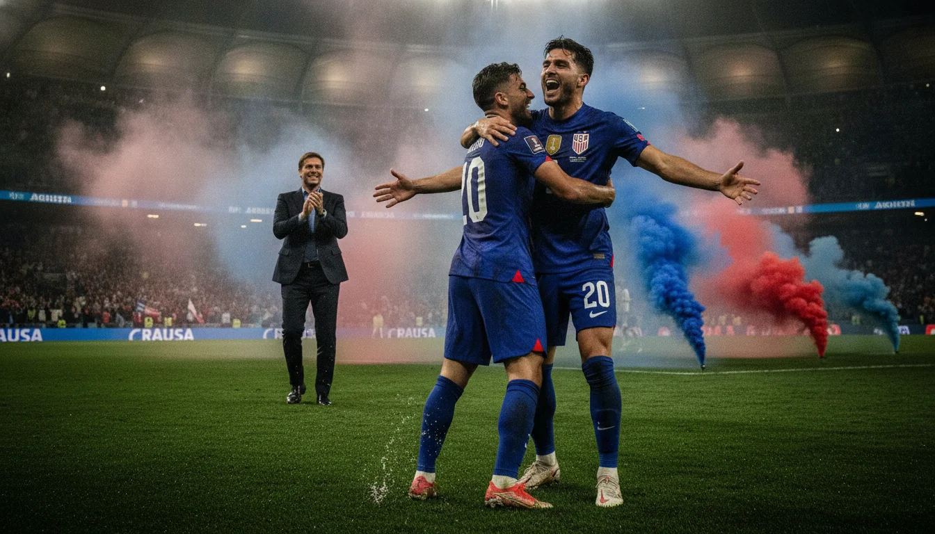 An intense, low-angle action photograph of USMNT players Christian Pulisic and Folarin Balogun celebrating a crucial goal under the stadium lights. Mauricio Pochettino is visible in the background, clapping emphatically. Red, white, and blue smoke flares create a dramatic atmosphere in the stands, hyper-realistic sports photography style, high contrast.