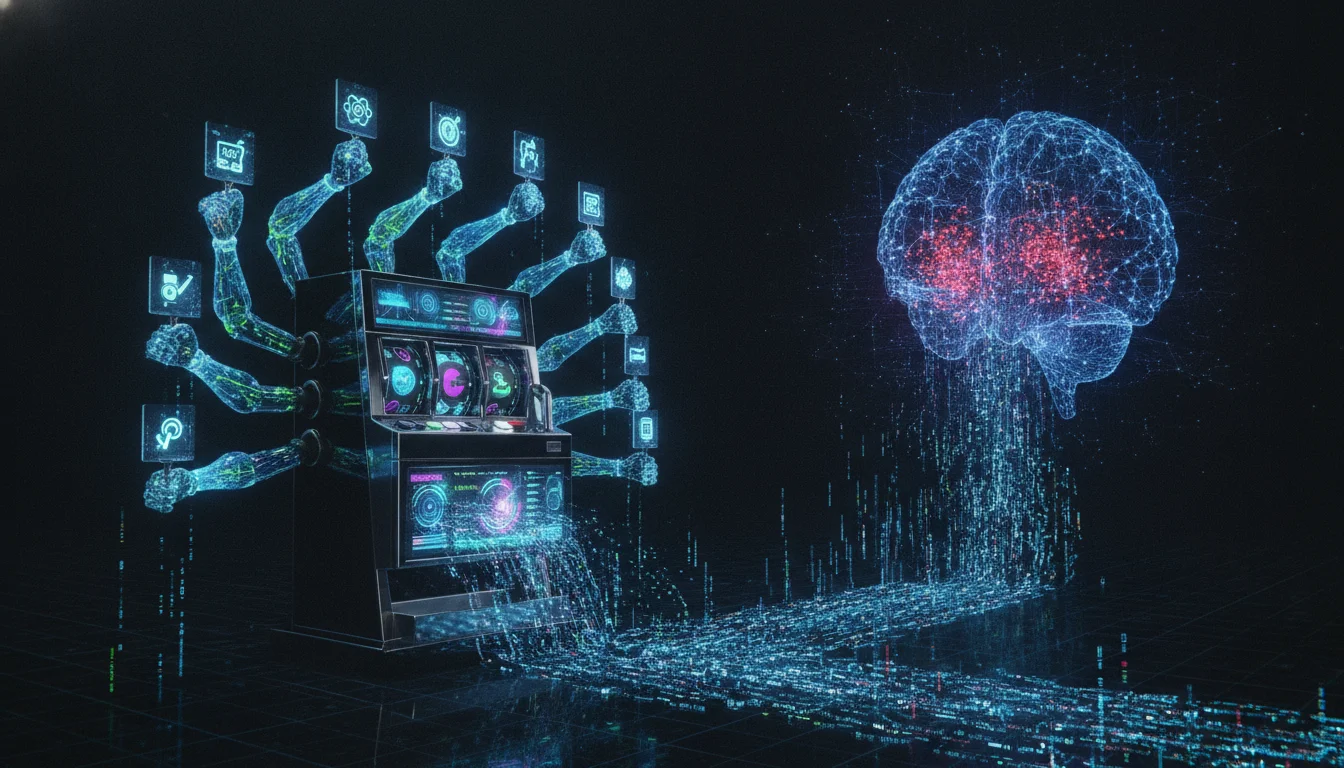 A futuristic 3D render of a multi-armed bandit slot machine in a dark digital space, with glowing holographic levers representing different audience segments, and data streams flowing from the machine to a central neural network core, symbolizing algorithmic exploration and exploitation.