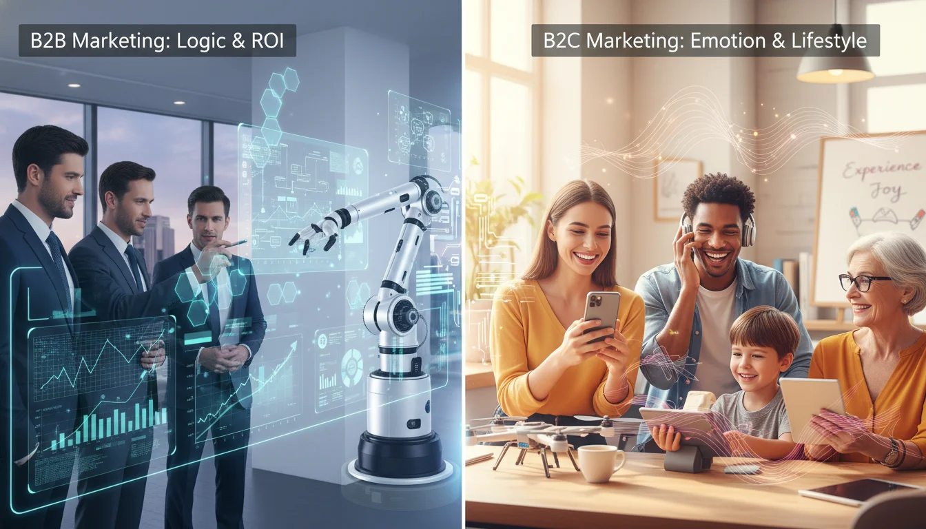 A split image contrasting B2B and B2C marketing. On one side, a professional, data-driven B2B scene with business people analyzing complex charts; on the other, a vibrant, emotionally driven B2C scene with diverse consumers engaging with lifestyle products. Both sides should subtly incorporate AI elements, like abstract digital overlays or subtle robotic arms generating content, highlighting the shared AI tools but different applications.