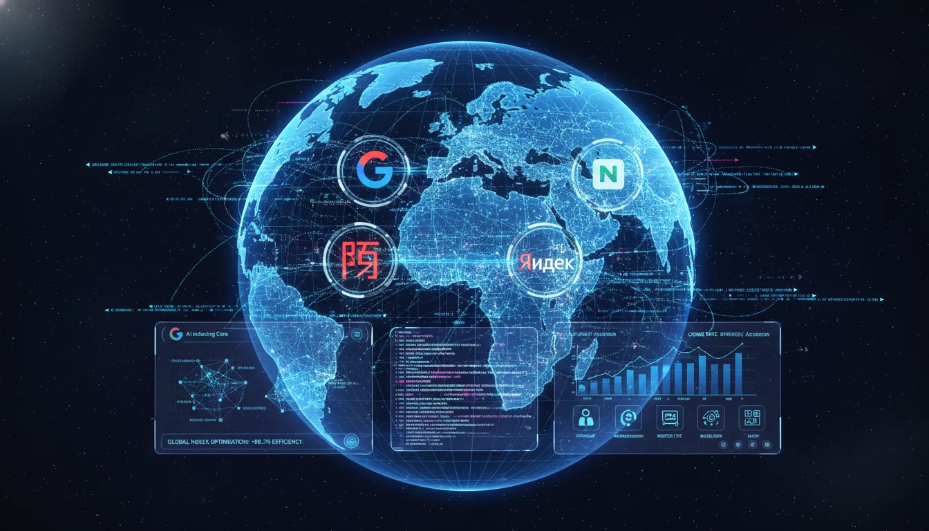 A futuristic global map with interconnected digital data streams and icons representing major search engines (Google, Baidu, Yandex, Naver). Include elements of AI interfaces and webmaster tools dashboard overlays, depicting advanced indexation strategies.