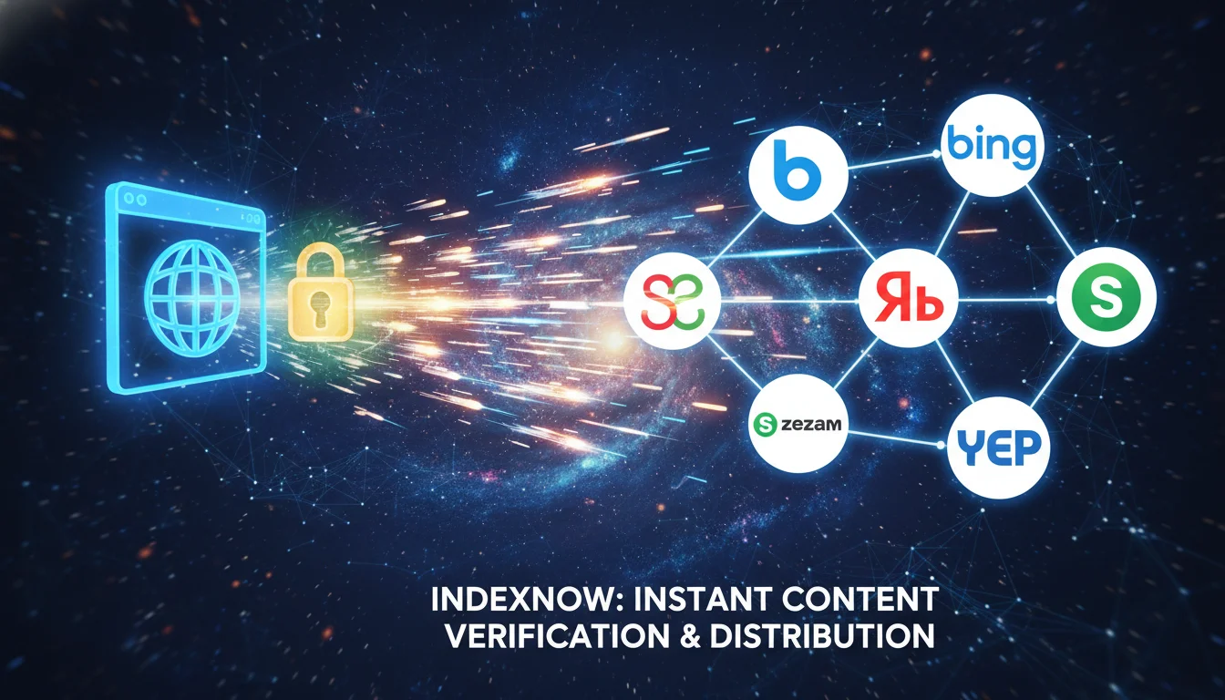A vibrant, dynamic illustration of the IndexNow protocol in action. Show a website icon pushing data (represented as small packets or signals) to multiple interconnected search engine logos (Bing, Yandex, Seznam, Naver, Yep). Emphasize speed and efficiency, perhaps with light trails or 'instant' indicators. Include a symbolic key or lock icon to represent cryptographic verification.