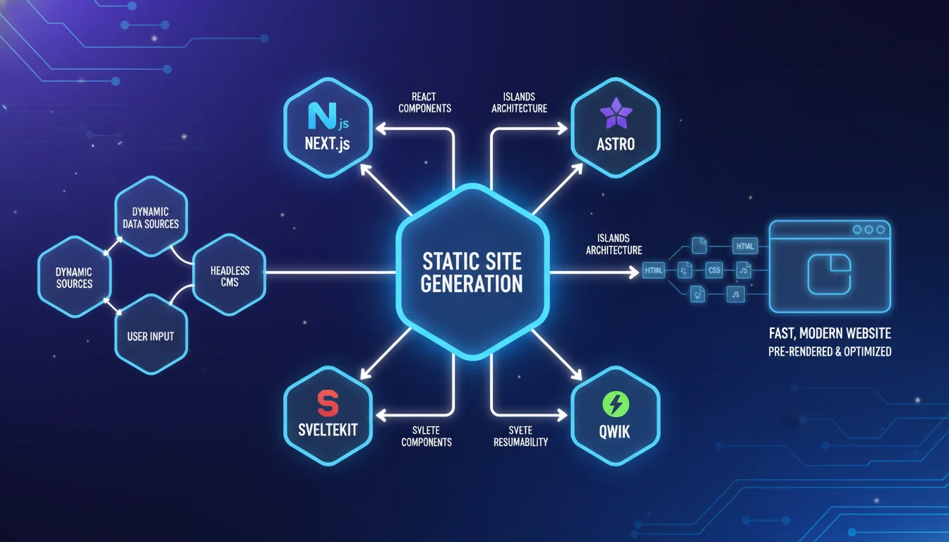 A visual representation of various Static Site Generators (SSGs) like Next.js, Astro, SvelteKit, and Qwik, depicted as interconnected modules or tools contributing to a fast, modern web development pipeline. Emphasize the concept of generating static files from dynamic sources, with a clean, digital aesthetic.