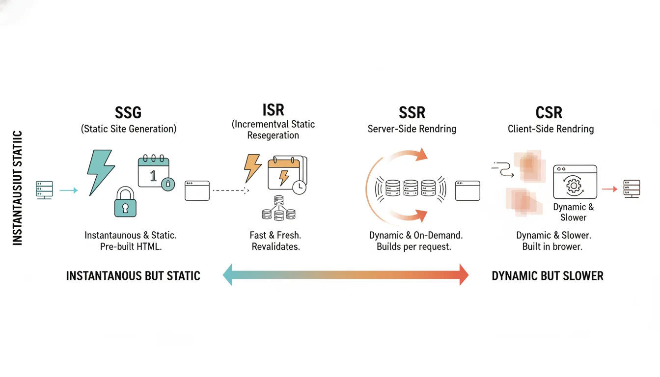 An infographic or abstract illustration comparing different web rendering strategies (SSG, ISR, SSR, CSR). Show a visual spectrum from 'instantaneous but static' to 'dynamic but slower,' with elements like lightning bolts for speed, calendars for freshness, and small server icons for processing, highlighting the trade-offs in a clear, modern design.
