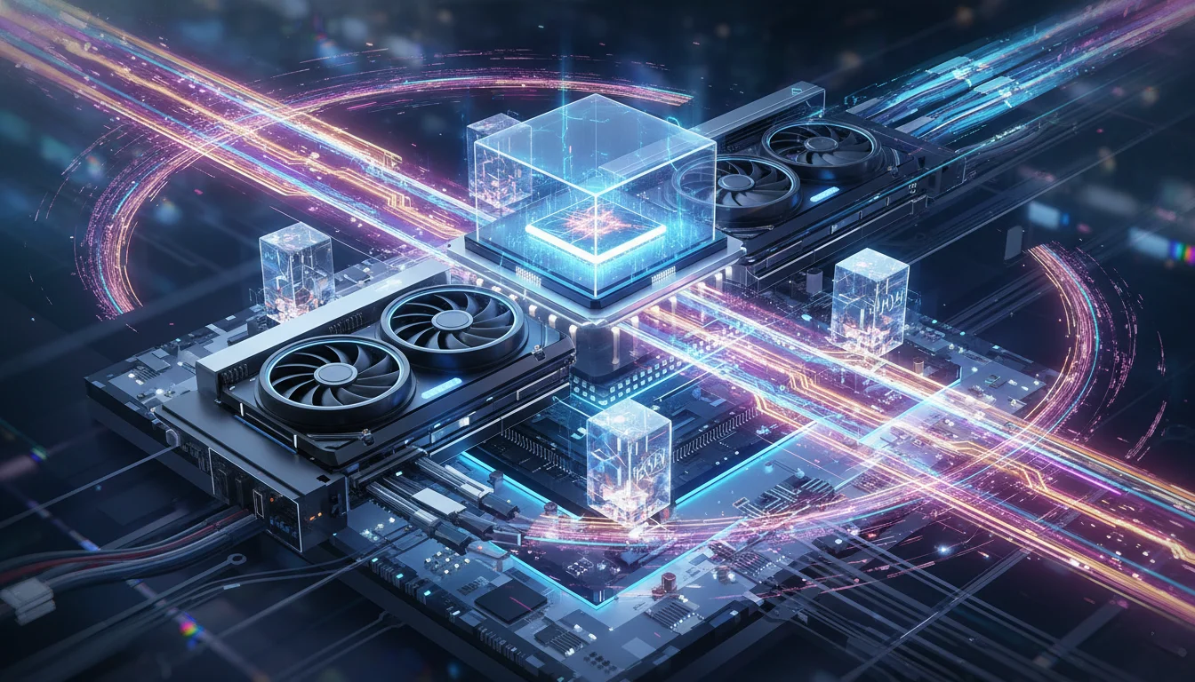 An abstract, futuristic illustration of a powerful video editing workstation's internal components. Emphasize a high-performance CPU and a cutting-edge GPU with glowing data flows, representing high VRAM and fast processing. The overall aesthetic should be sleek, technical, and convey immense power and speed.