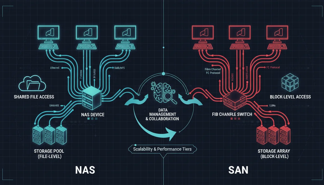 A stylized network diagram contrasting NAS (Network-Attached Storage) and SAN (Storage Area Network) architectures. Show multiple workstations connecting to central storage. NAS should be depicted with flexible, interconnected Ethernet cables and shared file access, while SAN should have dedicated, high-speed Fibre Channel pathways for block-level access, emphasizing isolation and speed. The illustration should convey collaboration and data management.