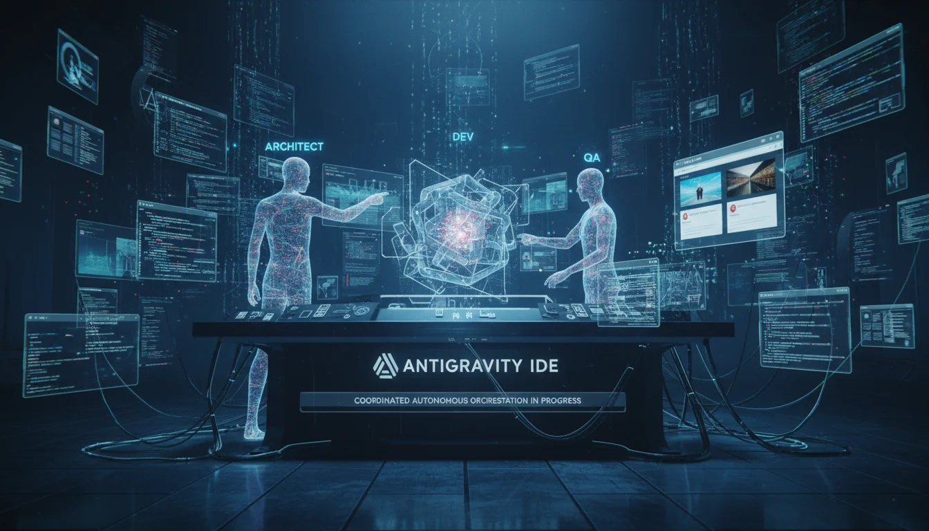A cinematic, wide-angle 3D render of an 'AI Mission Control' dashboard within the Antigravity IDE. Multiple translucent, ethereal humanoid silhouettes representing different AI agents (Architect, Dev, QA) are shown collaborating around a central, glowing core of complex 3D code structures. The environment is dark and high-tech, with data visualizations, terminal streams, and floating browser windows showing real-time website rendering updates, conveying a sense of coordinated autonomous orchestration.