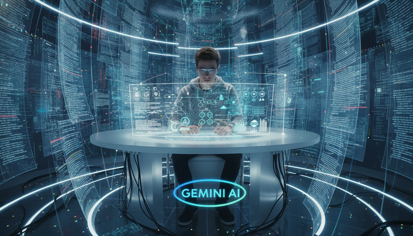 A university student in a modern, high-tech study environment, surrounded by swirling holographic data streams or vast digital documents, representing an AI's massive context window processing an immense amount of information. The student looks focused, interacting with a tablet or screen that displays complex, interlinked text and visuals. Emphasize the scale and complexity of data being processed by AI, possibly with a subtle nod to Google Gemini's branding colors. Futuristic, detailed, high-tech.