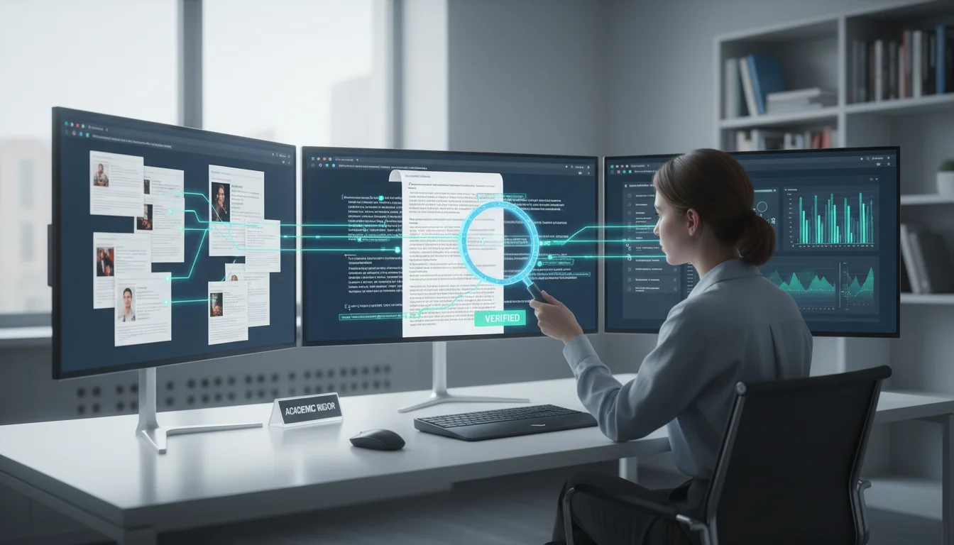 A university student meticulously cross-referencing digital sources displayed on multiple screens, with prominent, glowing citation links appearing alongside AI-generated text. The student holds a stylized magnifying glass over a section of text, signifying verification and accuracy. The background could be a clean, minimalist study desk. Focus on transparency, verification, and academic rigor in research. Modern, clear, and precise.