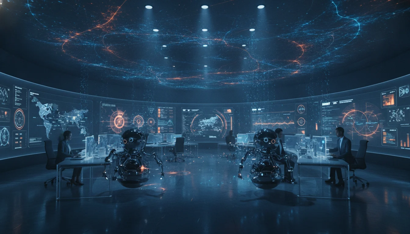 A futuristic, high-tech visualization of a digital marketing office where holographic neural networks and autonomous AI agents orchestrate complex data streams, sleek blue and orange color palette, cinematic lighting, 8k resolution.