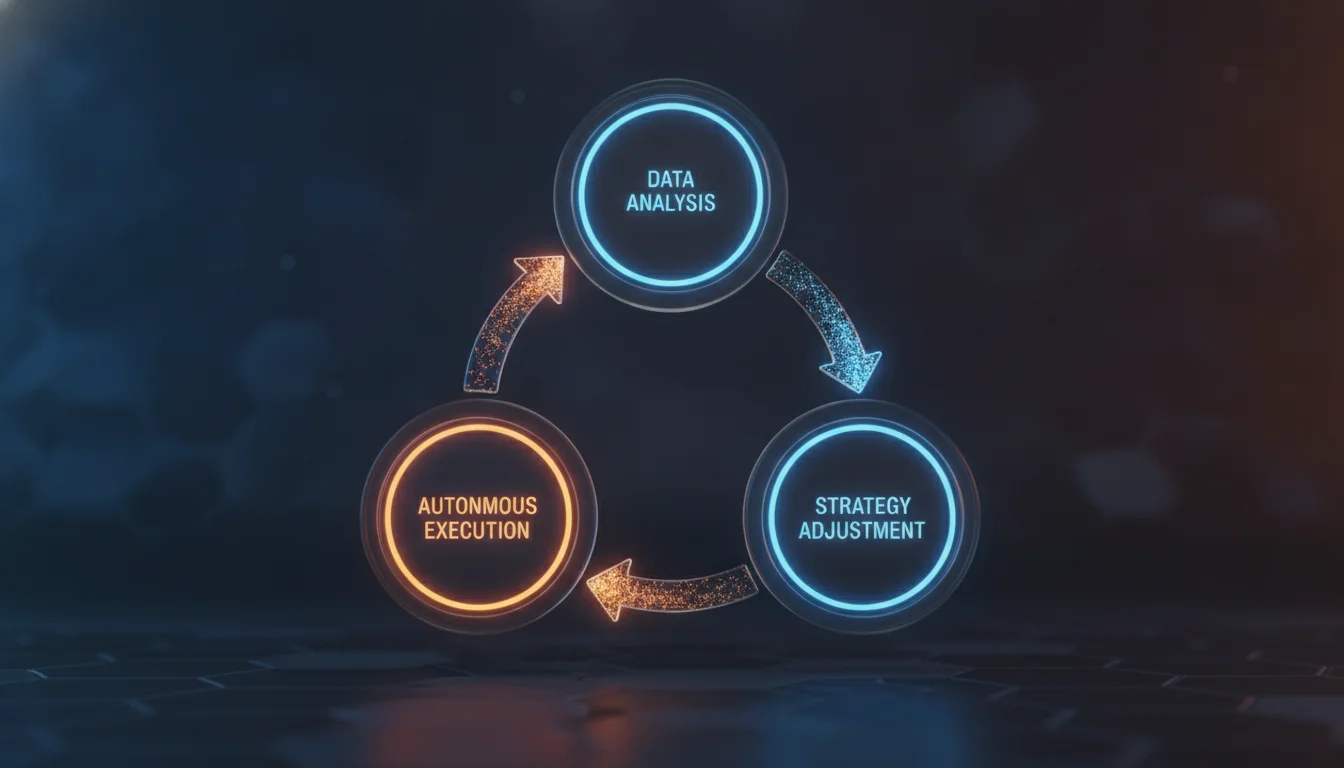 A minimalist 3D diagram showing a circular self-optimizing feedback loop of digital marketing data: arrows flowing between data analysis, strategy adjustment, and autonomous execution, sleek futuristic design, translucent glass textures, vibrant blue and orange glowing accents.
