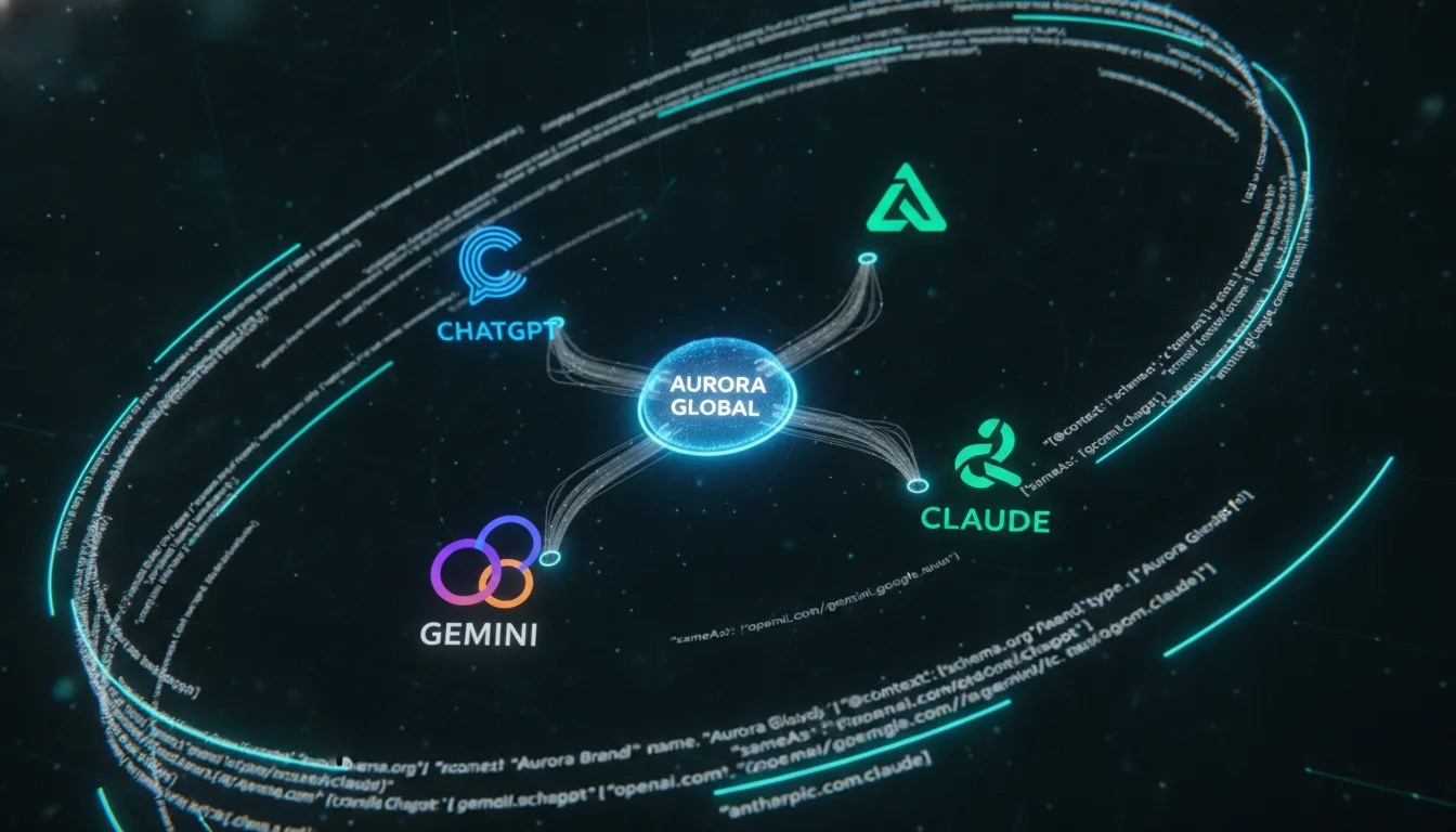 A high-tech digital semantic map visualizing a brand entity as a central glowing node connected to various Large Language Model icons like ChatGPT, Gemini, and Claude, technical schema markup code floating in 3D space, dark atmosphere with neon cyan highlights.