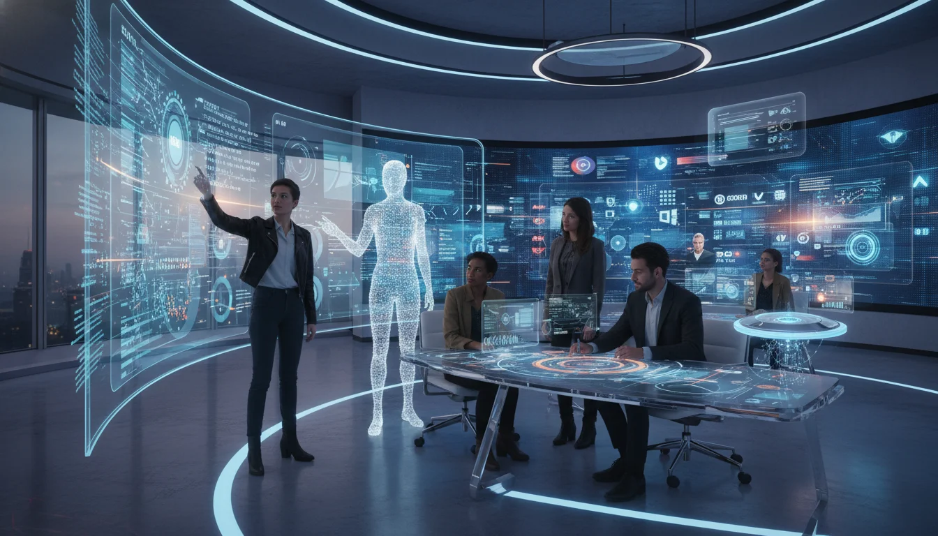 A futuristic marketing office where human marketers are collaborating with AI interfaces and digital tools, symbolizing the evolution and realignment of roles. Data streams and creative elements blend, showing AI assisting human strategy. Vibrant, modern aesthetic.