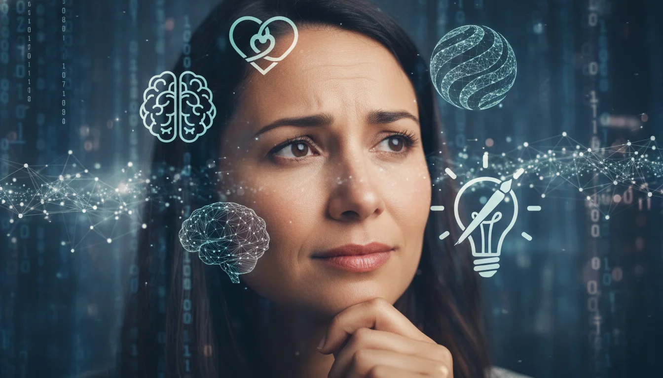 A powerful, close-up image of a human marketer expressing deep thought or empathy, with subtle digital overlays symbolizing emotional intelligence, cultural understanding, and creative intuition. The background should be soft, perhaps blurred digital data streams, emphasizing the contrast between human qualitative skills and AI's quantitative capabilities. Focus on human expression.