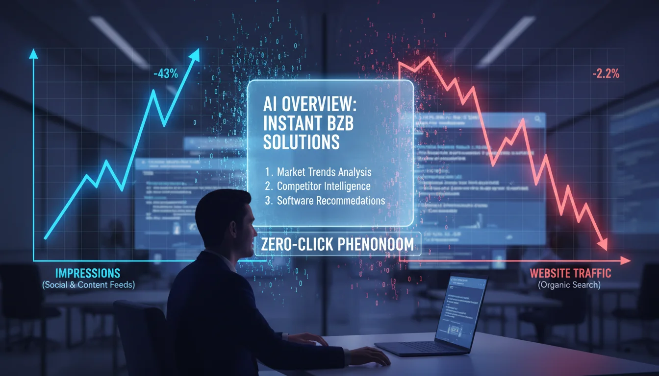 A visual metaphor for 'The Great Decoupling,' showing two separate graphs: one rising (impressions) and one falling sharply (website traffic), with an AI-generated answer overview visually separating a user from traditional search results. Emphasize the 'zero-click' phenomenon in a digital B2B setting.