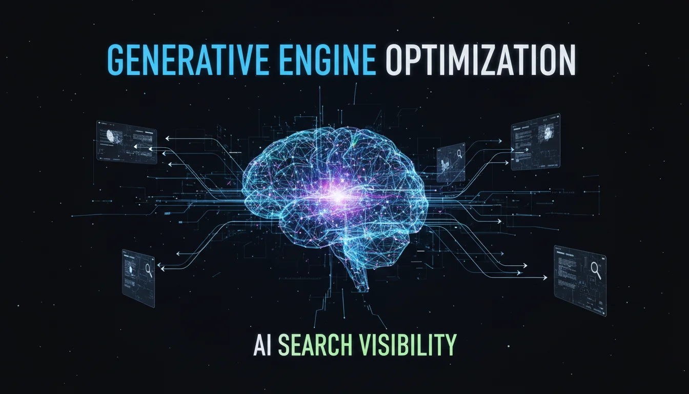 A futuristic, stylized AI brain or neural network visually representing data synthesis and information retrieval, with glowing nodes and lines connecting to abstract search results or holographic mentions. Emphasize 'Generative Engine Optimization' and 'AI Search Visibility.' Dynamic, clean lines, digital aesthetic.