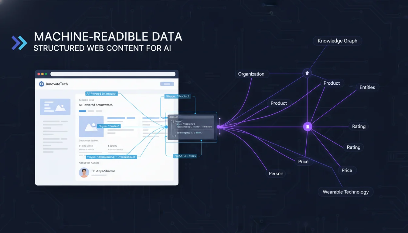 A digital illustration showing a webpage's content (represented by blocks of text and images) being semantically organized and connected to a global knowledge graph via structured data (Schema.org JSON-LD). Visualize abstract lines and nodes linking specific entities on the page (e.g., 'Organization', 'Product', 'Person') to broader, universally recognized concepts in a network. Emphasize machine-readability and the clear, unambiguous translation of web content into structured data for AI. Clean, technical, data architecture style.