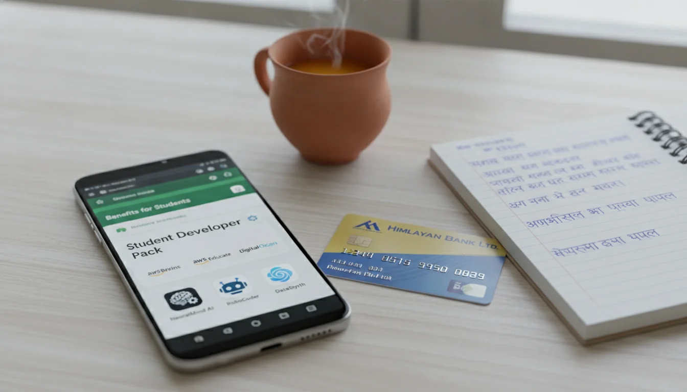 A realistic close-up photo of a Nepali 'Dollar Card' from a commercial bank placed on a clean wooden desk. Next to it, a high-end smartphone displays the GitHub Student Developer Pack interface and several AI app icons. A warm cup of tea and a notebook with Nepali script are visible in the soft-focus background, representing the economic reality and strategic tools for students.