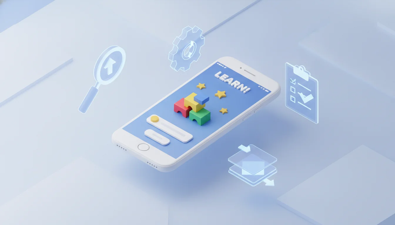 A high-quality 3D isometric illustration of a smartphone displaying a colorful educational app interface with building blocks and stars. Surrounding the phone are transparent diagnostic icons like a magnifying glass, a gear, and a checklist, symbolizing an app UX audit and strategic teardown. Soft blue and white aesthetic, clean corporate style.