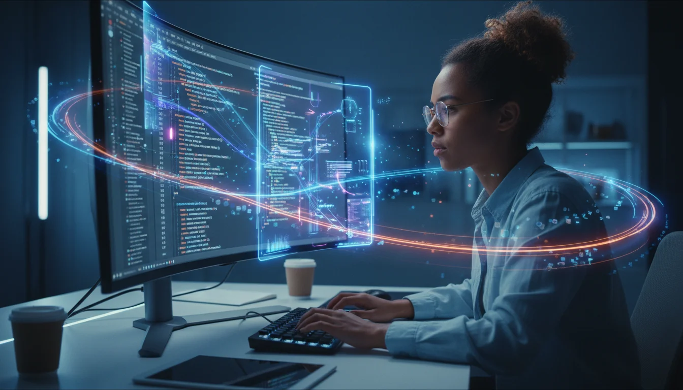 A diverse software developer, focused and collaborating with an ethereal, glowing AI interface overlaying their code editor. The scene should be modern and technological, emphasizing human-AI partnership in complex software development, with dynamic lines of code and abstract data visualization flowing around them.