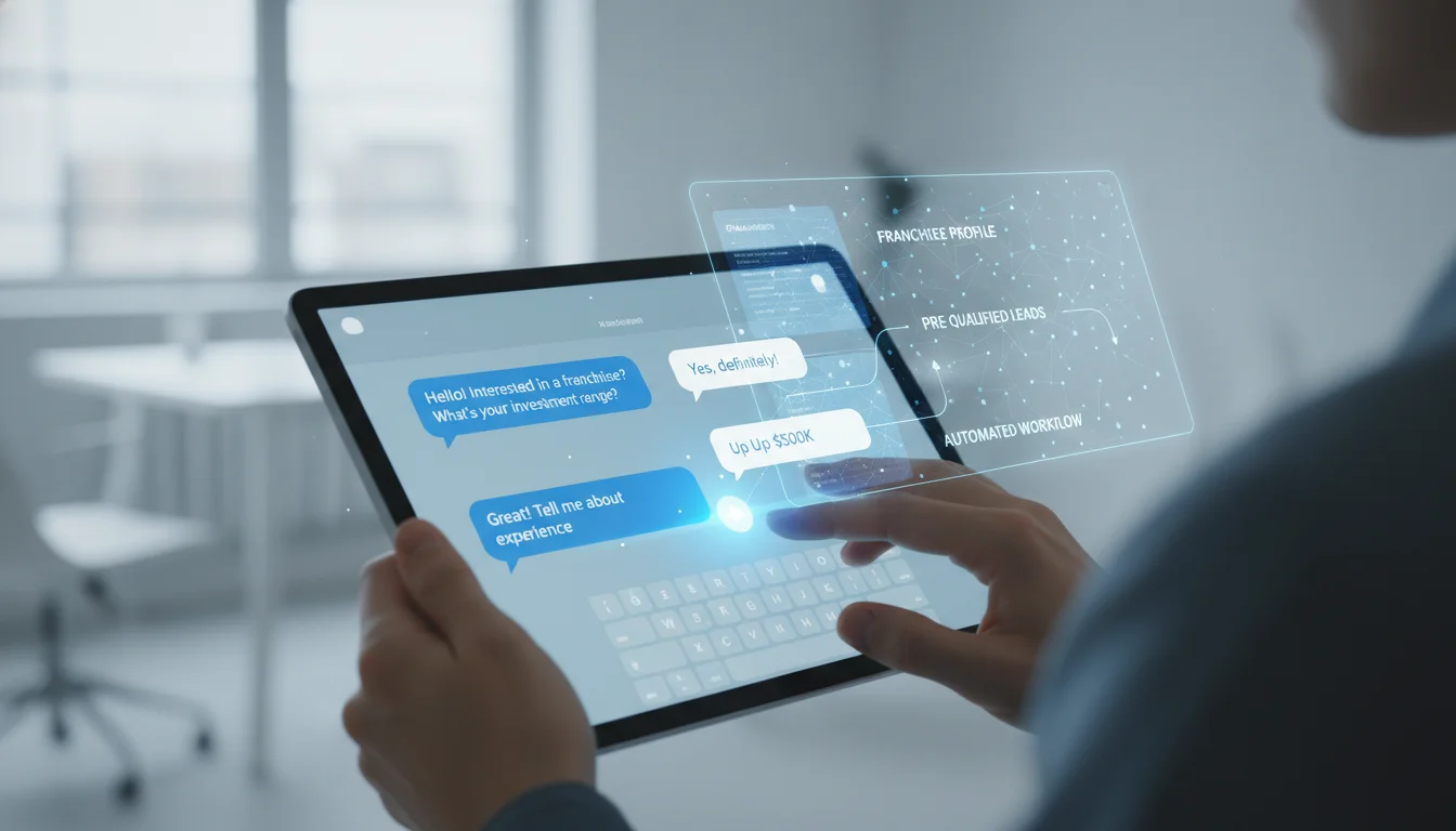 A modern, minimalist image showing a prospective franchisee interacting with an AI chatbot interface on a tablet or smartphone. Speech bubbles with text indicate a dynamic, automated pre-screening conversation, with data flowing seamlessly into a CRM system in the background, symbolizing efficiency and instant engagement.