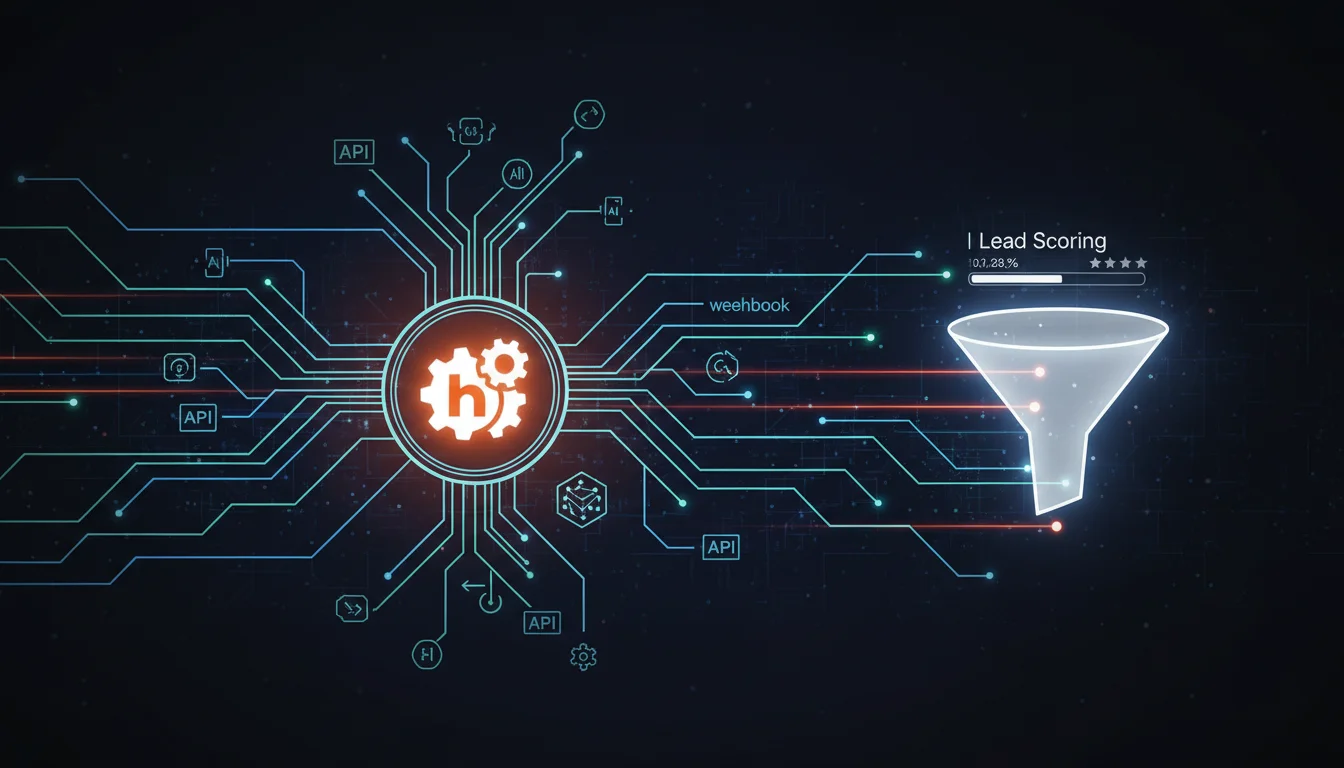 Illustrate a sophisticated digital network with HubSpot's orange sprocket icon at the center, surrounded by interconnected data streams, APIs, webhooks, and AI symbols, flowing towards a funnel representing lead scoring. Emphasize automation and advanced technology, with a clean, modern aesthetic.