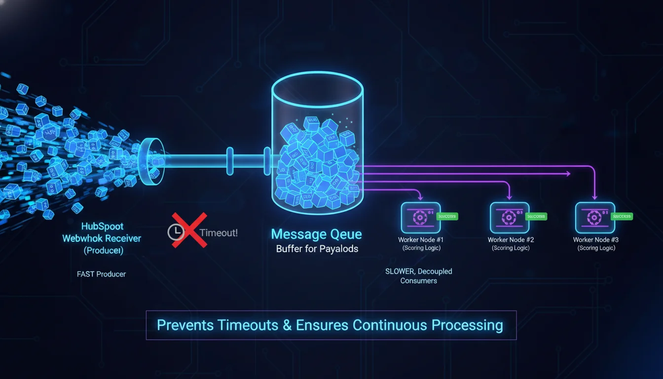 Visualize an asynchronous message queue system for webhook processing. Show data packets (representing webhook payloads) flowing rapidly into a queue, being processed by multiple worker nodes at a steady, independent pace. Emphasize the separation of the fast 'producer' (HubSpot webhook receiver) and the slower, decoupled 'consumer' (scoring logic), illustrating how this prevents timeouts and ensures continuous processing in a digital, networked style.