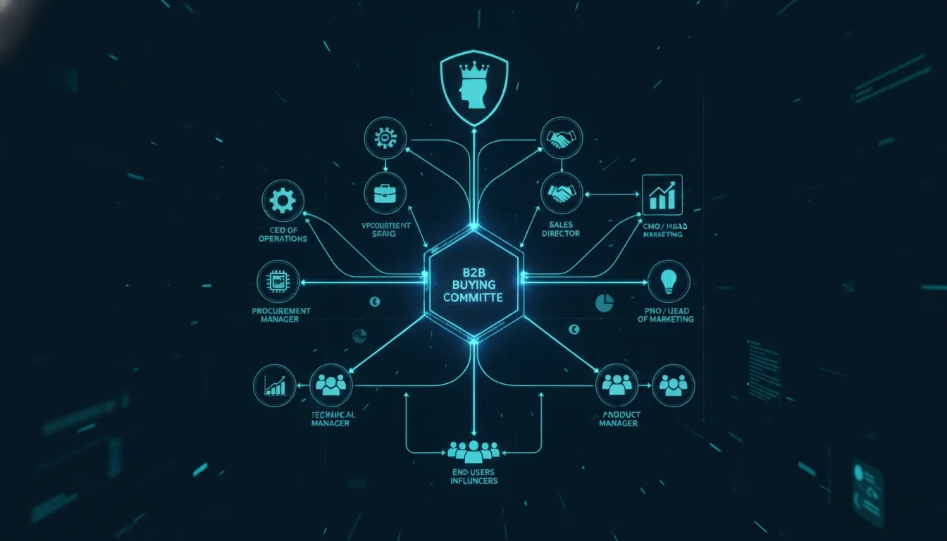 A professional, high-tech conceptual 3D visualization of a complex network of interconnected nodes representing a B2B buying committee. Glowing lines connect diverse professional icons and data points in a sleek, corporate dark-blue and teal aesthetic, illustrating organizational hierarchy and decision-making flow.