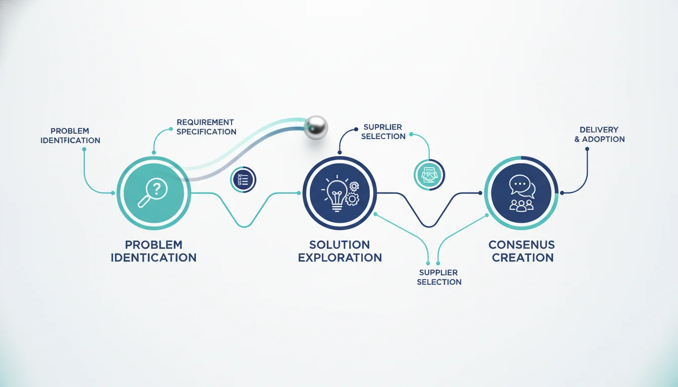 A conceptual, non-linear flow chart visualization representing Gartner's six buying jobs. The graphic should feature a pinball-like path bouncing between icons for Problem Identification, Solution Exploration, and Consensus Creation, set against a clean, corporate white background with soft teal and navy blue accents.