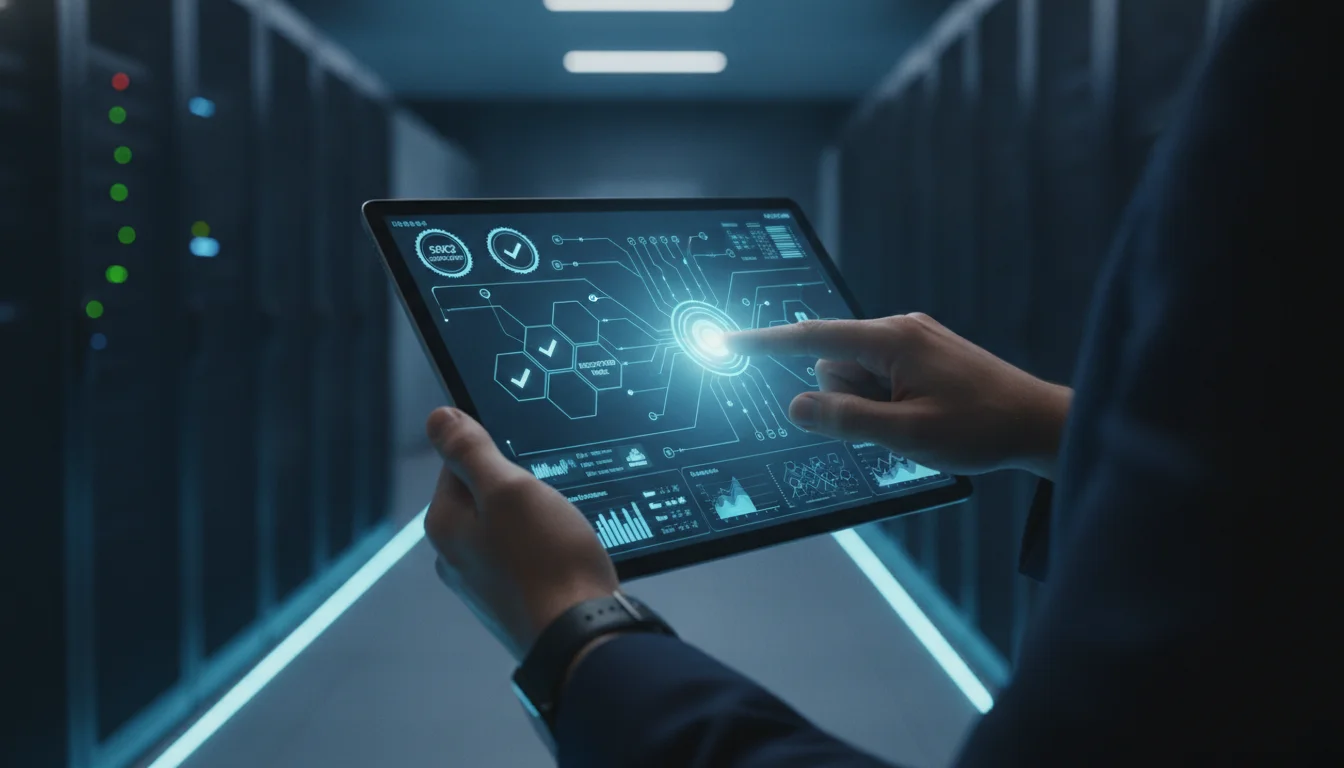 A high-tech digital security dashboard interface on a tablet held by a professional. The screen displays complex data-flow diagrams, SOC2 compliance badges, and encrypted node connections. The background is a slightly blurred, modern IT server room with soft blue neon lighting, emphasizing the role of the Technical Evaluator.