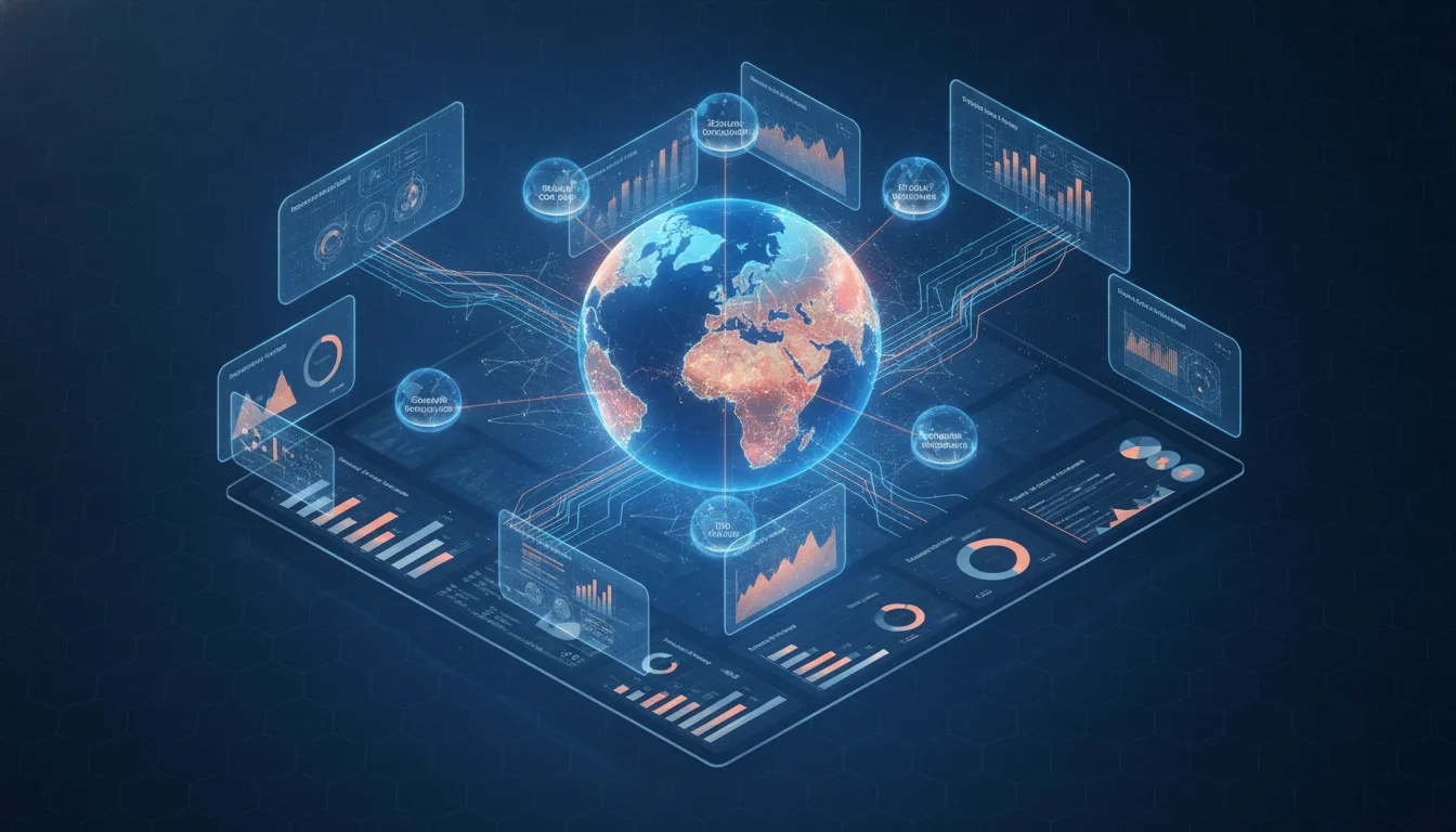 A conceptual high-tech digital dashboard showing interconnected company nodes, heat maps of global digital signals, and abstract network lines representing B2B intent data, professional blue and orange color palette, 3D isometric style.
