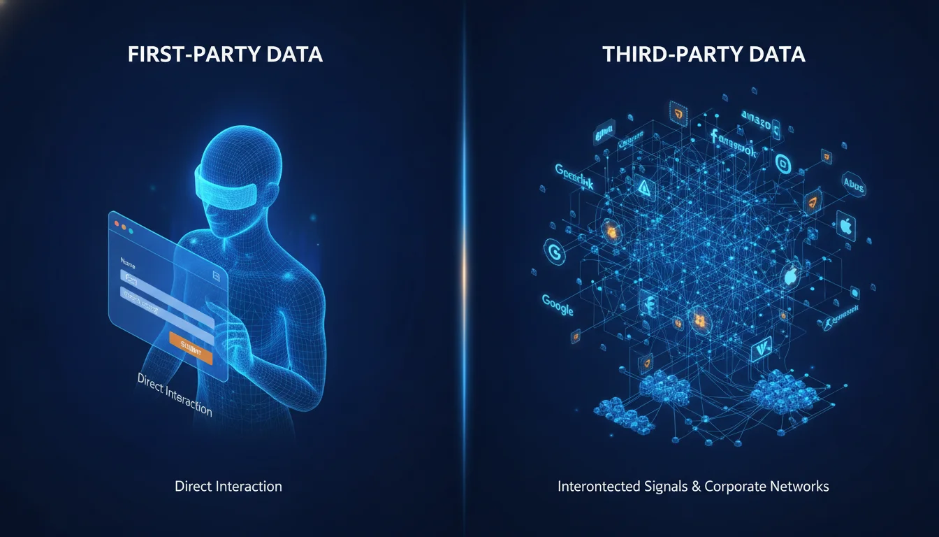 A conceptual split-screen digital illustration. On the left, a 'micro-view' showing a single user interacting with a website form (First-Party Data). On the right, a 'macro-view' showing a vast, interconnected neural network of global web traffic with various corporate logos highlighted in a glowing amber to represent high-intent signals (Third-Party Data). 3D isometric style with professional blue tones.