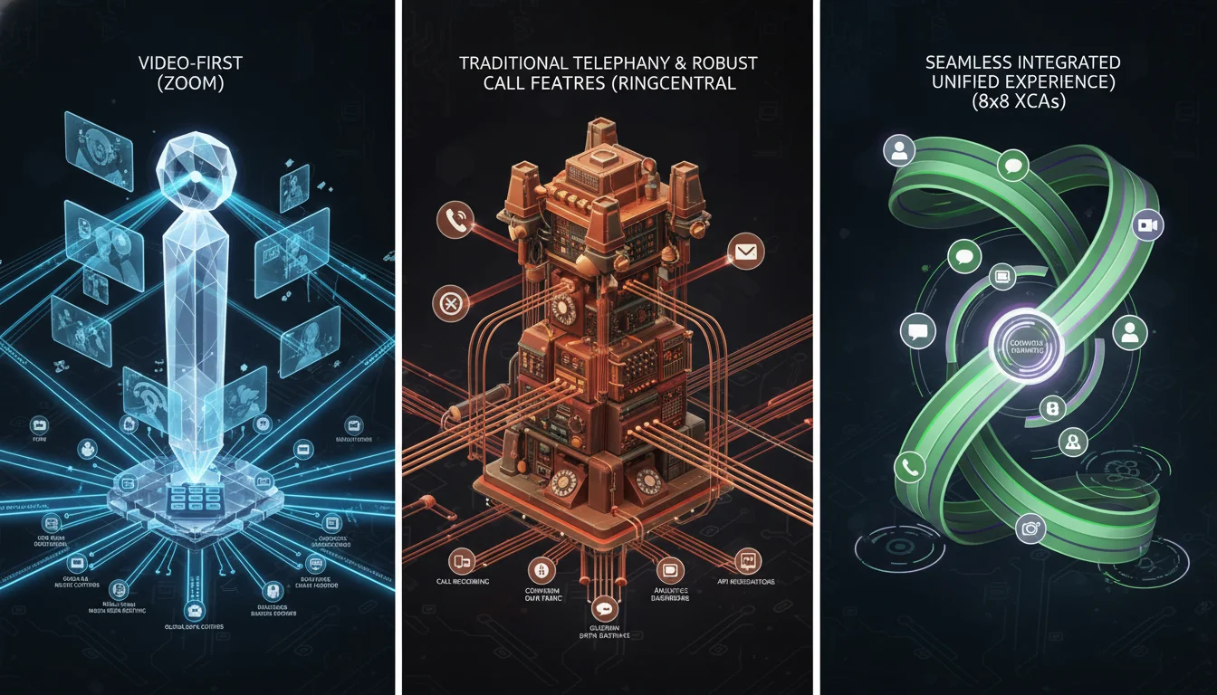 A conceptual digital illustration depicting three distinct architectural philosophies for UCaaS platforms: one focusing on video-first communication (Zoom), another on traditional telephony and robust call features (RingCentral), and a third on a seamlessly integrated unified experience (8x8 XCaaS). Use contrasting visual metaphors or network diagrams to highlight their core strengths.