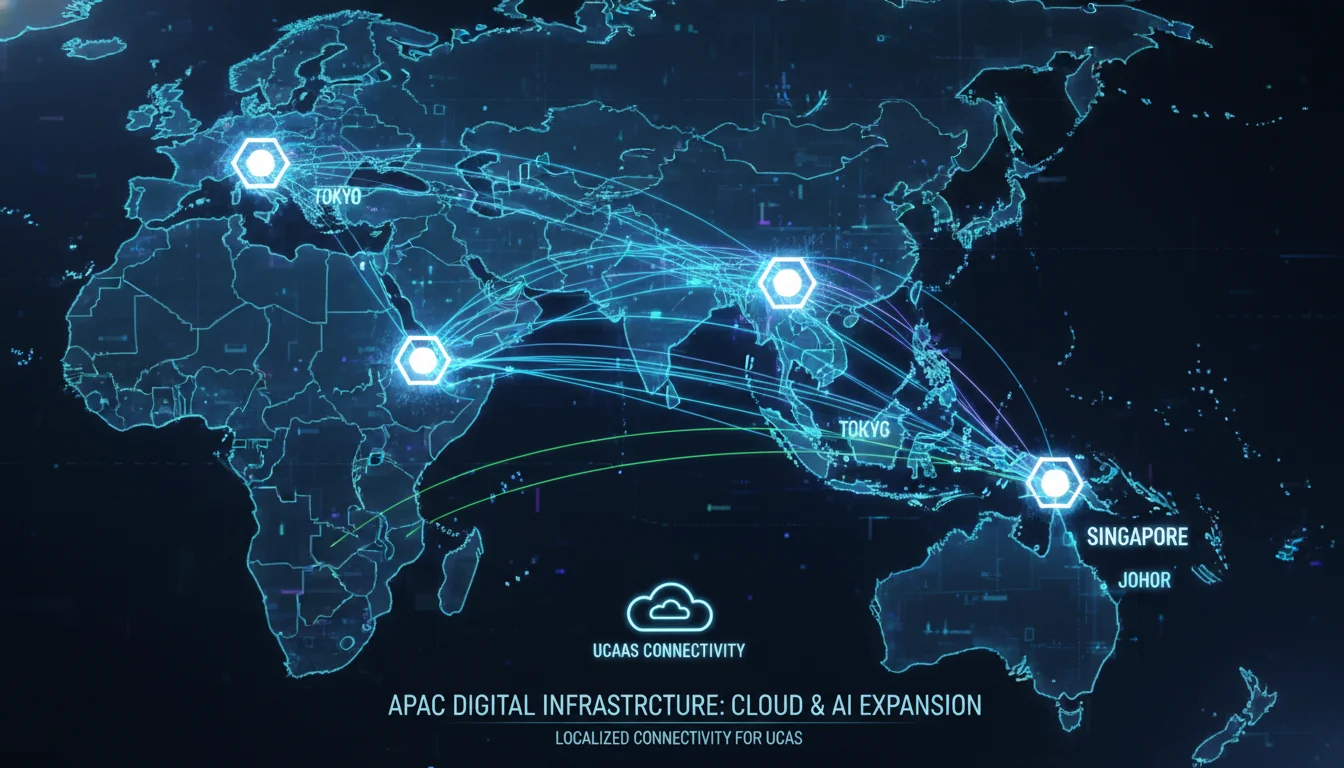 A sophisticated digital map of the Asia-Pacific (APAC) region, highlighting major data center hubs such as Singapore, Tokyo, Hong Kong, and emerging markets like Johor. Abstract glowing lines and data streams connect these hubs, emphasizing the rapid growth of cloud and AI infrastructure and the importance of localized connectivity for UCaaS providers.
