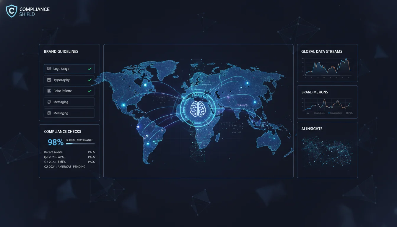A sophisticated digital dashboard displaying brand guidelines, compliance checks, and data streams across a map representing multiple global locations. Incorporate abstract elements of AI and secure data flow, reflecting enterprise brand compliance software. Modern, tech-focused, professional.