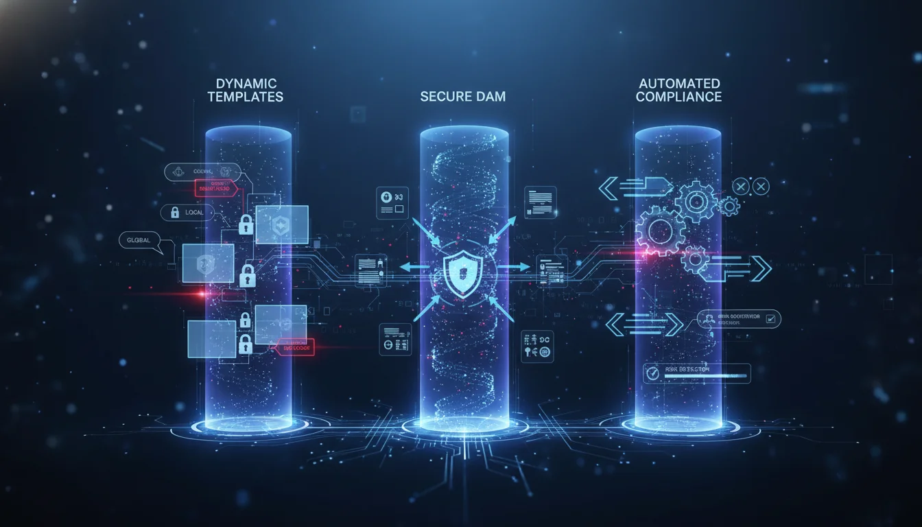 An abstract representation of a robust enterprise brand compliance system, showing interconnected digital pillars. One pillar represents a secure, centralized digital asset management (DAM) repository with data flowing in and out. Another pillar shows dynamic content templates with customizable, 'guarded' sections for localization. A third pillar illustrates automated risk detection and workflow automation with symbols of compliance checks and approvals. Modern, clean, tech-focused design, illustrating interconnectedness and secure data flow.