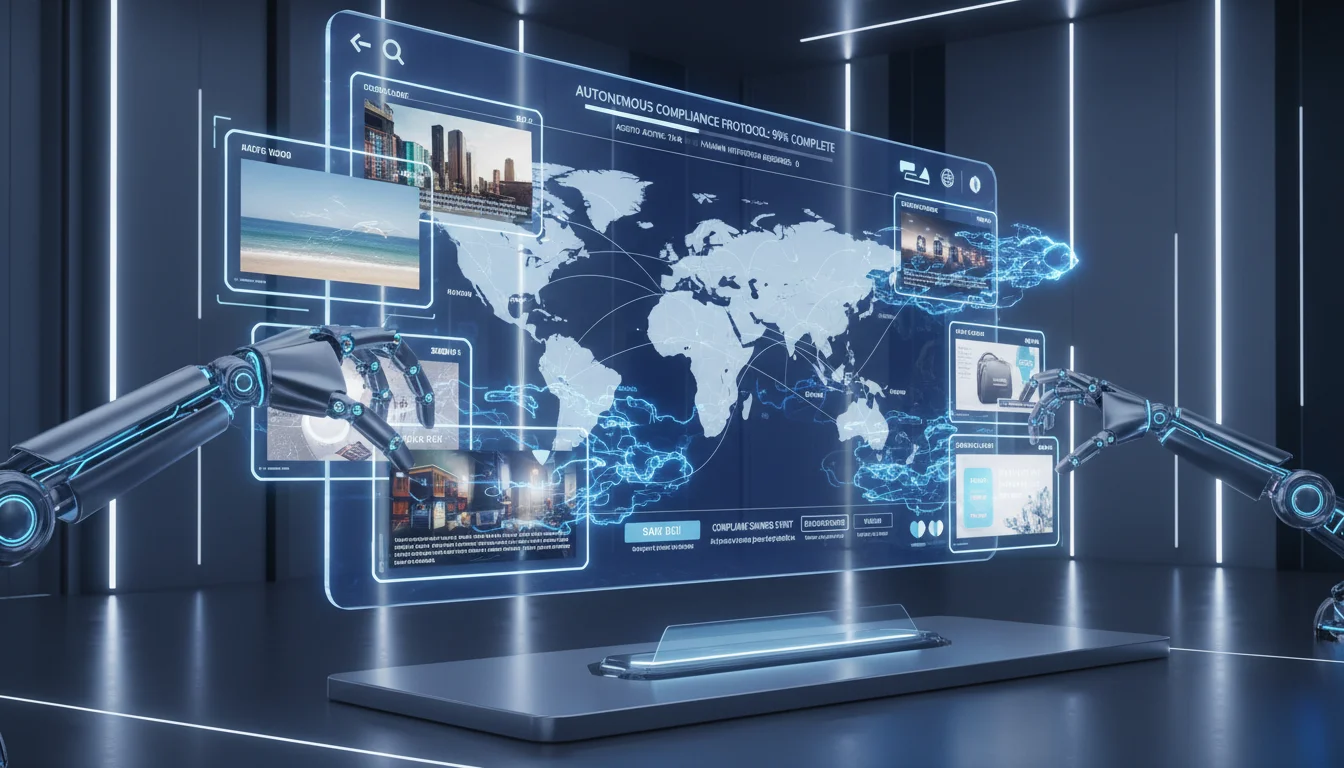 An advanced, futuristic interface showcasing agentic AI in action. Robotic arms or autonomous digital agents are seamlessly and autonomously correcting non-compliant marketing assets (e.g., replacing off-brand images, adjusting text for compliance) in a multi-location campaign dashboard. The scene should convey efficiency, automation, and intelligent decision-making, reflecting a paradigm shift from human oversight to AI execution. Modern, sleek, high-tech, and slightly abstract.