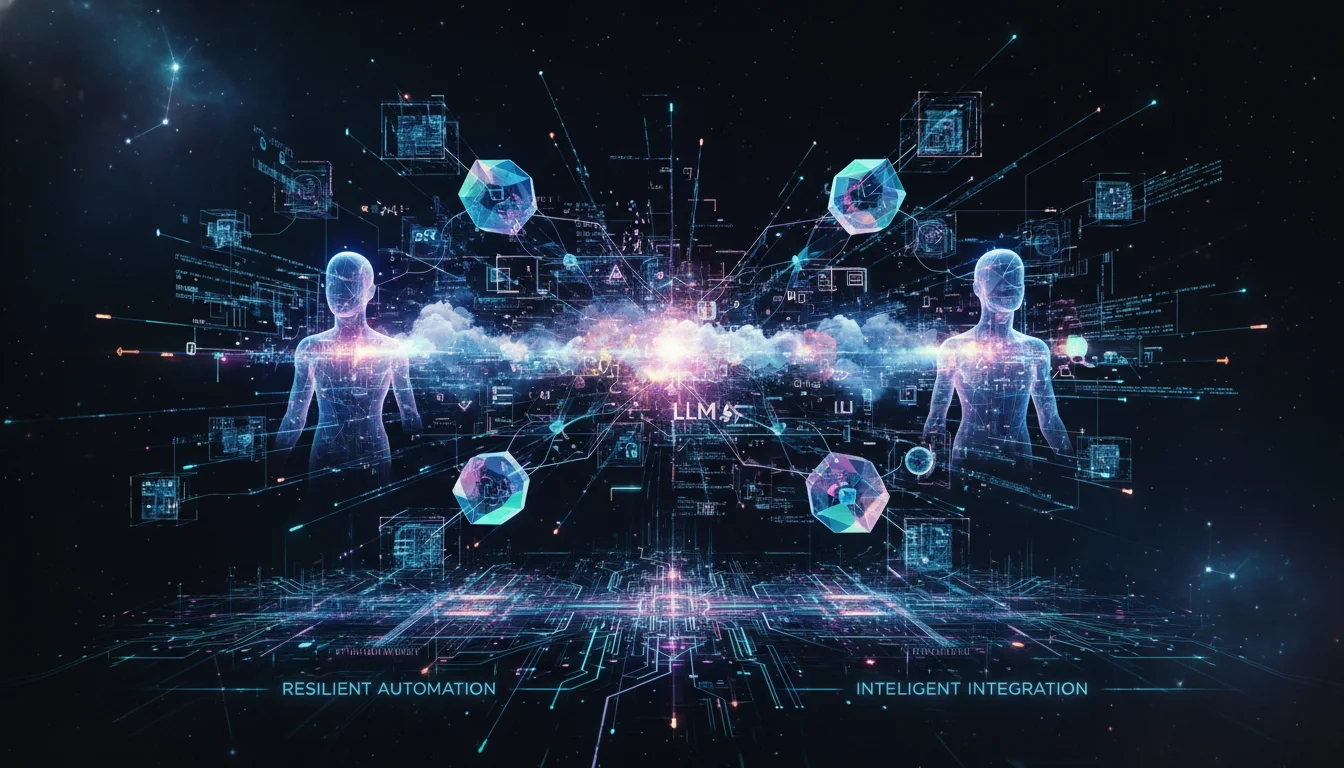 Abstract visualization of AI agents and Large Language Models (LLMs) collaborating dynamically in a complex workflow, showing data streams, decision-making nodes, and a seamless integration between human-like comprehension and automated tasks, symbolizing resilient and intelligent automation. Use a futuristic, digital art style.