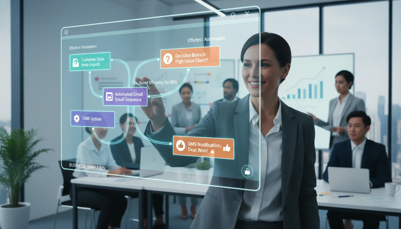 A 'citizen developer' (a business professional, not a coder) confidently building an automation workflow using a visually intuitive low-code drag-and-drop interface on a tablet or large screen, surrounded by a collaborative, modern office environment. Emphasize ease of use and business impact. Stylized, clean, and modern look.