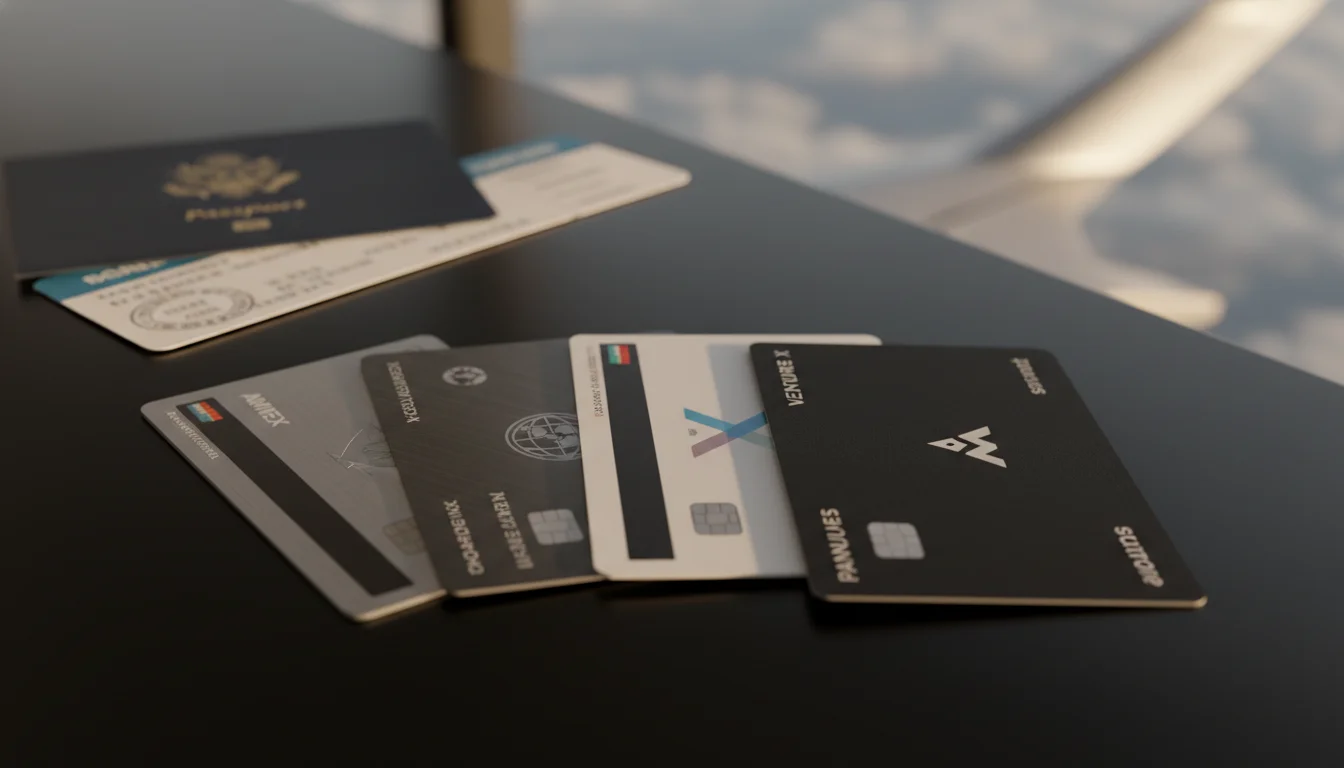 A sophisticated arrangement of various premium travel credit cards (Amex Platinum, Chase Sapphire Reserve, Capital One Venture X, Bilt Palladium, Atmos Summit) elegantly displayed on a polished surface. In the soft-focus background, hints of luxury travel are visible, such as a passport, a boarding pass, and a subtle airplane wing, emphasizing global reach and exclusive benefits. The lighting is soft and premium.