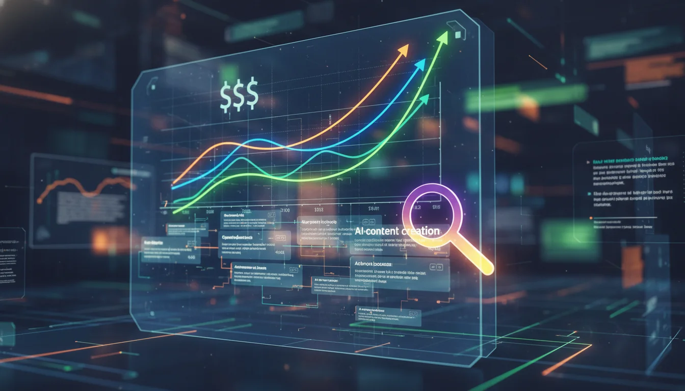 A stylized digital dashboard with graphs showing increasing ad revenue, intertwined with AI-generated search results snippets and a magnifying glass over keywords, set in a futuristic, vibrant digital publishing environment.