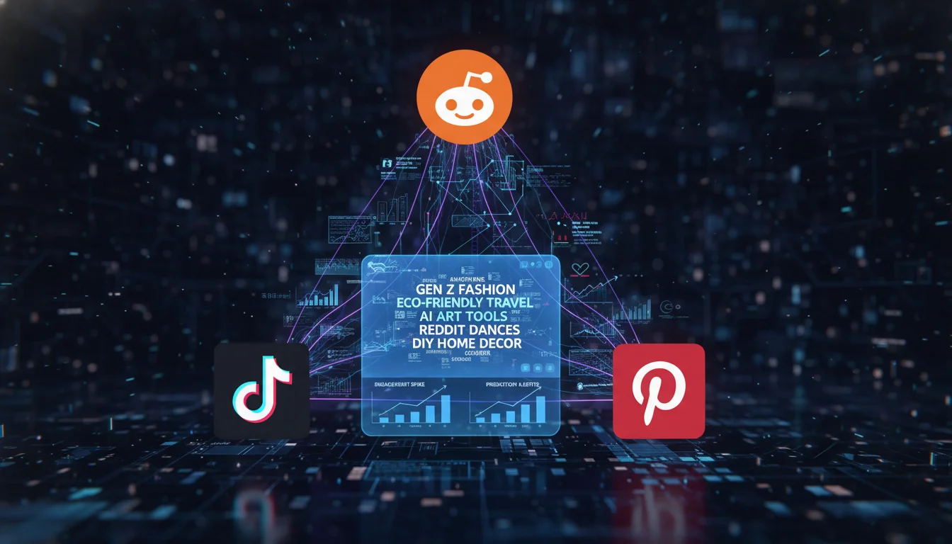A visual representation of 'trend discovery' across multiple digital platforms: a collage or network of icons representing TikTok, Reddit, and Pinterest, with data streams flowing towards a central analytics dashboard, highlighting emerging keywords and topics.