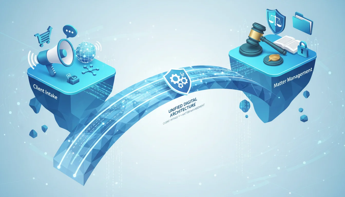 A conceptual digital illustration of a 3D bridge connecting marketing symbols like a megaphone to legal symbols like a judge's gavel, representing the unified digital architecture between client intake and matter management, clean corporate blue and teal color palette, 8k resolution.