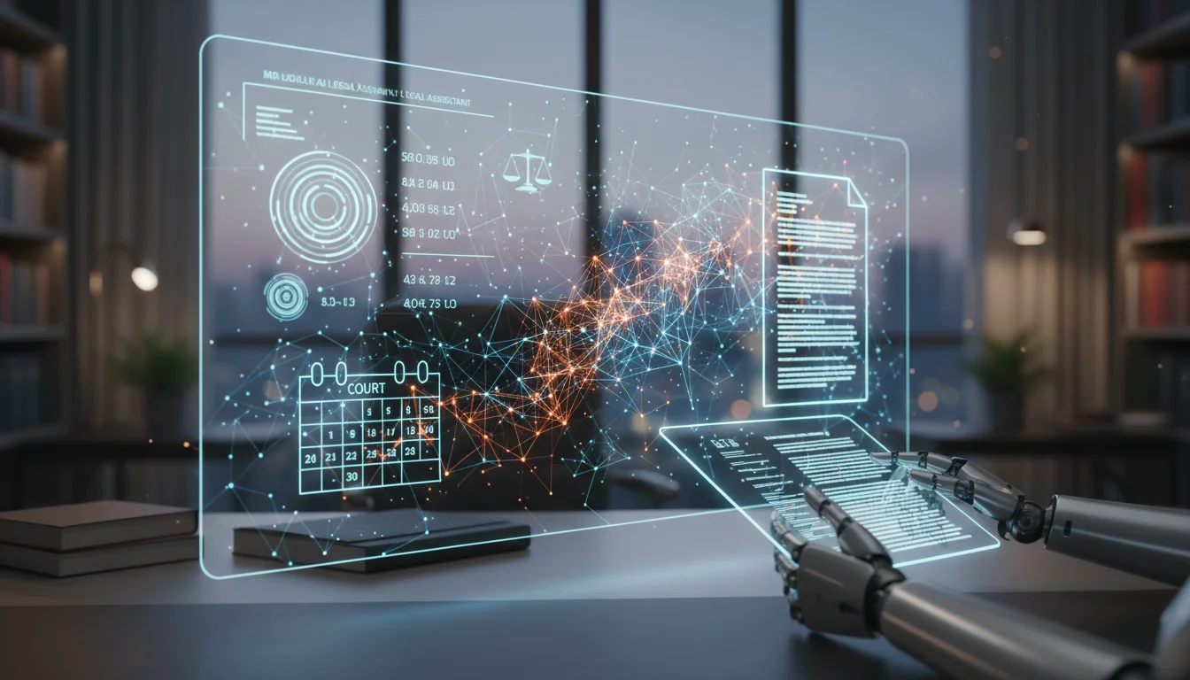A high-tech visualization of an AI legal assistant, showing a translucent digital dashboard with glowing neural networks mapping out court deadlines and drafting legal documents on a sleek glass tablet, professional legal office background, soft bokeh, 8k resolution.