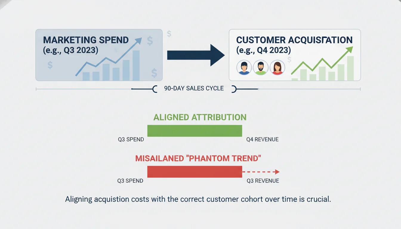 A visual representation of time-lagged attribution in customer acquisition. Show a timeline with distinct periods: 'Marketing Spend (e.g., Q3)' leading to 'Customer Acquisition (e.g., Q4)', with arrows or lines connecting them. Illustrate the concept of a 90-day sales cycle and the importance of aligning acquisition costs with the correct customer cohort over time, avoiding a misaligned 'phantom trend'. Use subtle financial graph elements and a modern, clean aesthetic.