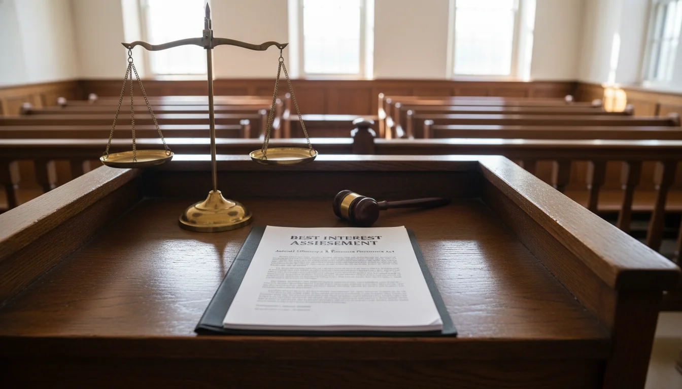 A professional photograph of a judge's wooden bench in a bright courtroom with a clear 'Best Interest' document and a set of balanced brass scales in the background, representing judicial oversight and consumer protection.